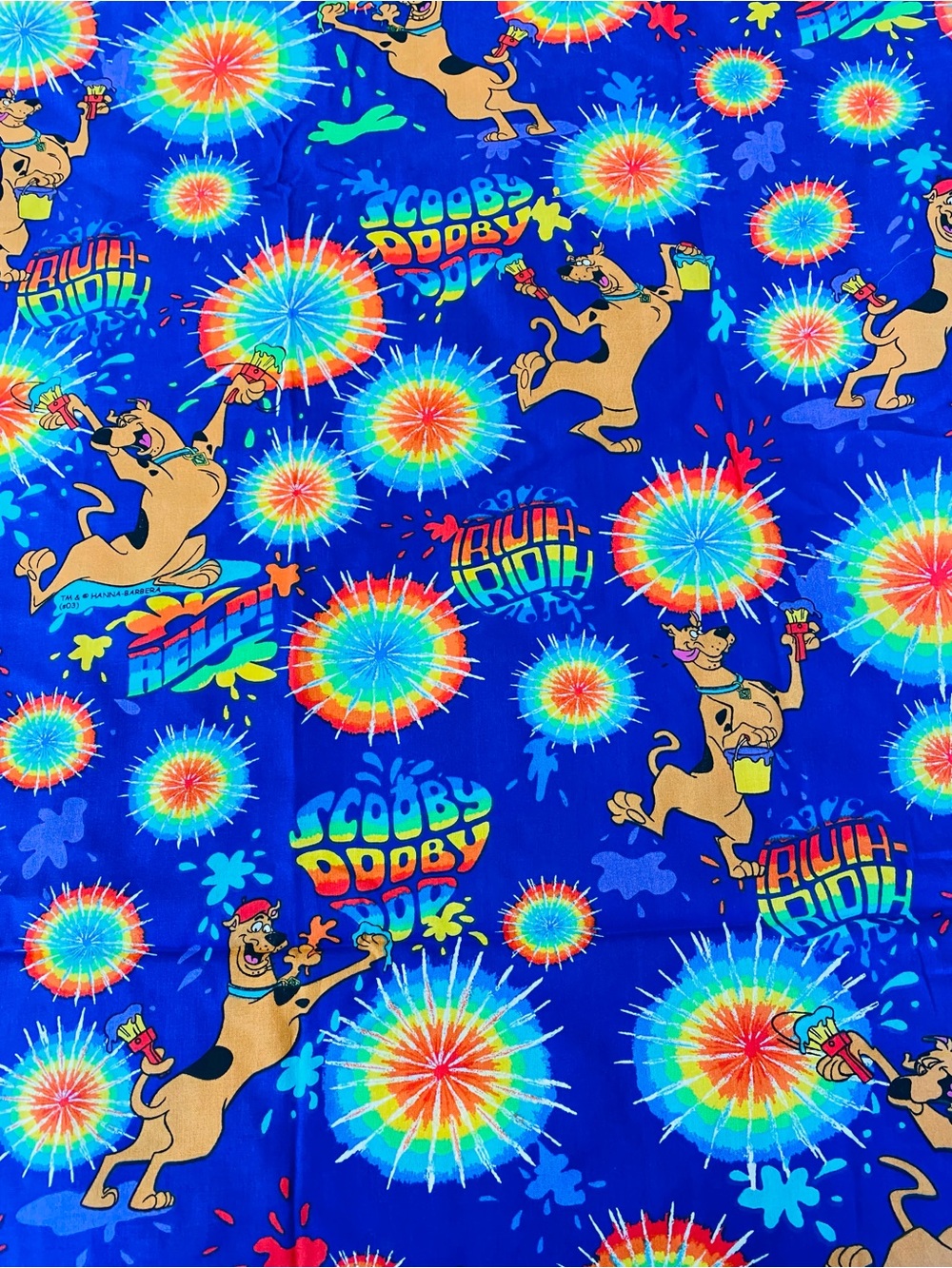 Vintage  HANNA BARBERA Scooby-Doo Tie-Dye Blue Bright Party Fabric 100% cotton
